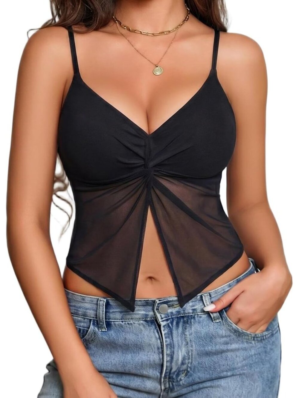 Women's Black Twist Front V-Neck Asymmetrical Front Split Hem Sheer Mesh Top